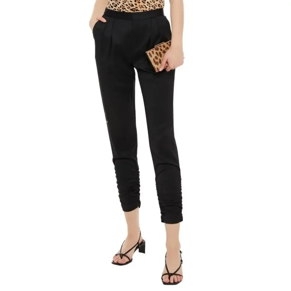 ALICE + OLIVIA Employed Women’s Black Silk Pleated Slim Cuffed Trouser